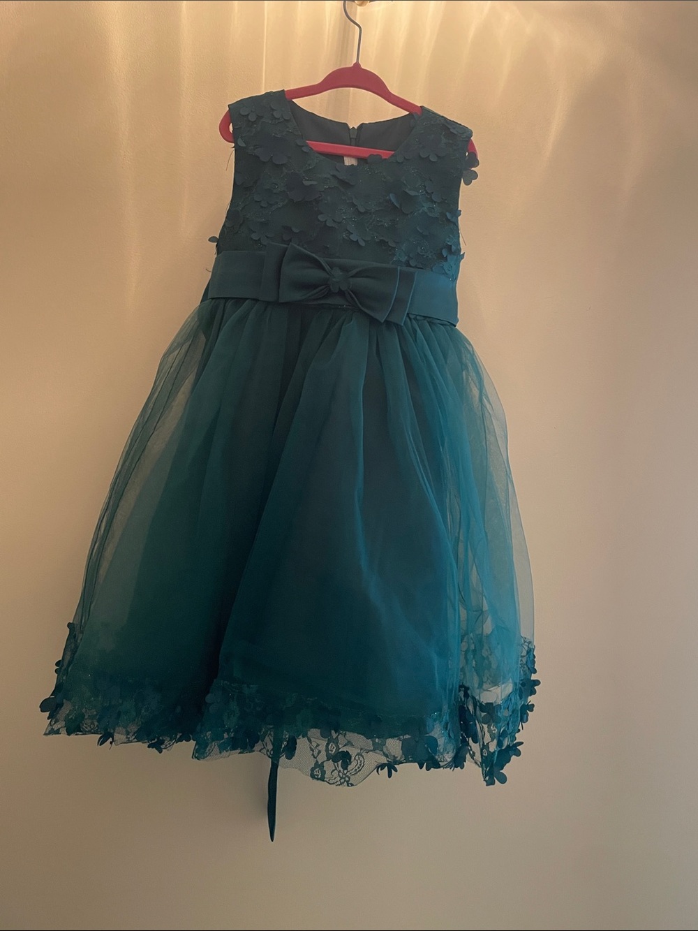 Girls green Floral Appliqué Tulle Party Dress with Bow